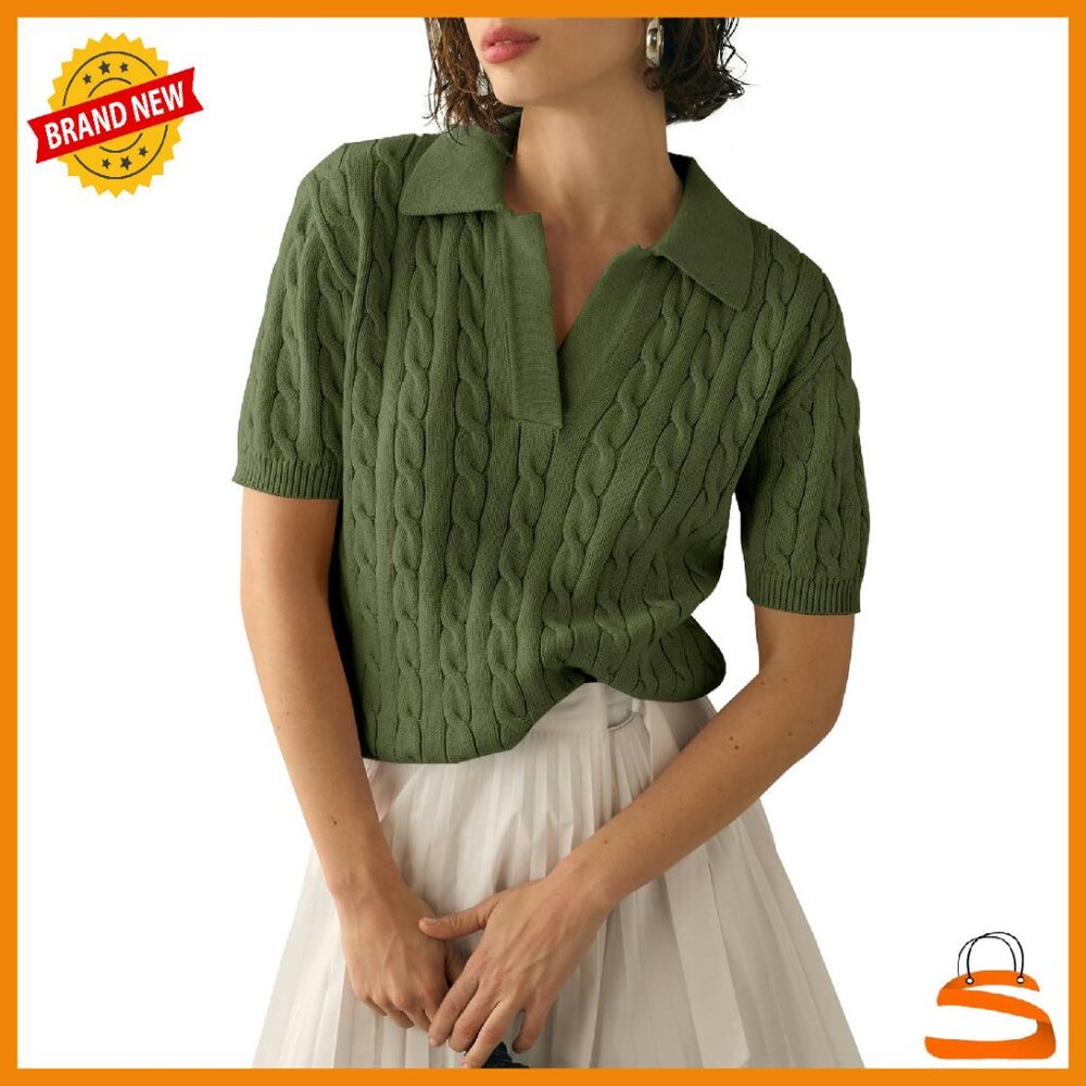 Soft Cable Knit Short Sleeve V-Neck Pullover Sweater Top Loose Fit